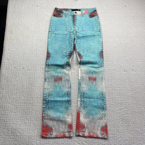 Y2K Just Cavalli Boot Cut Pants Psychedelic Reptile Skin Color AOP Wom Sz 27/41 - Picture 2 of 13